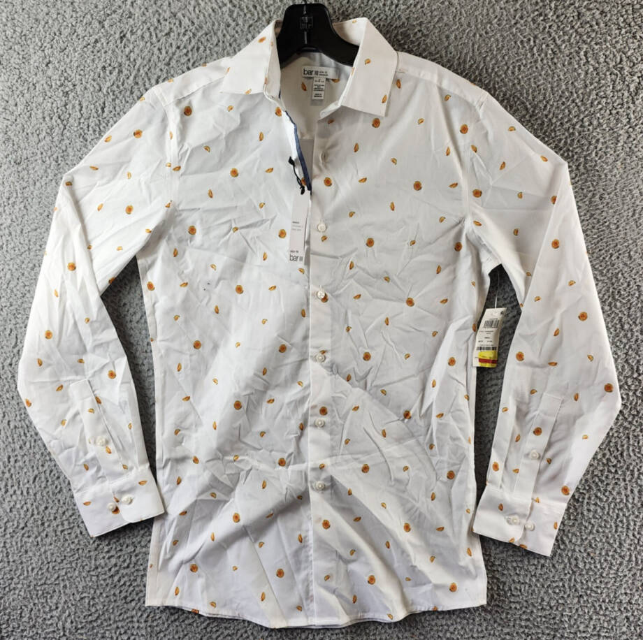 Bar III Slim-Fit Melon-Print Dress Shirt Men's S (14-14.5) White/Yellow Collared