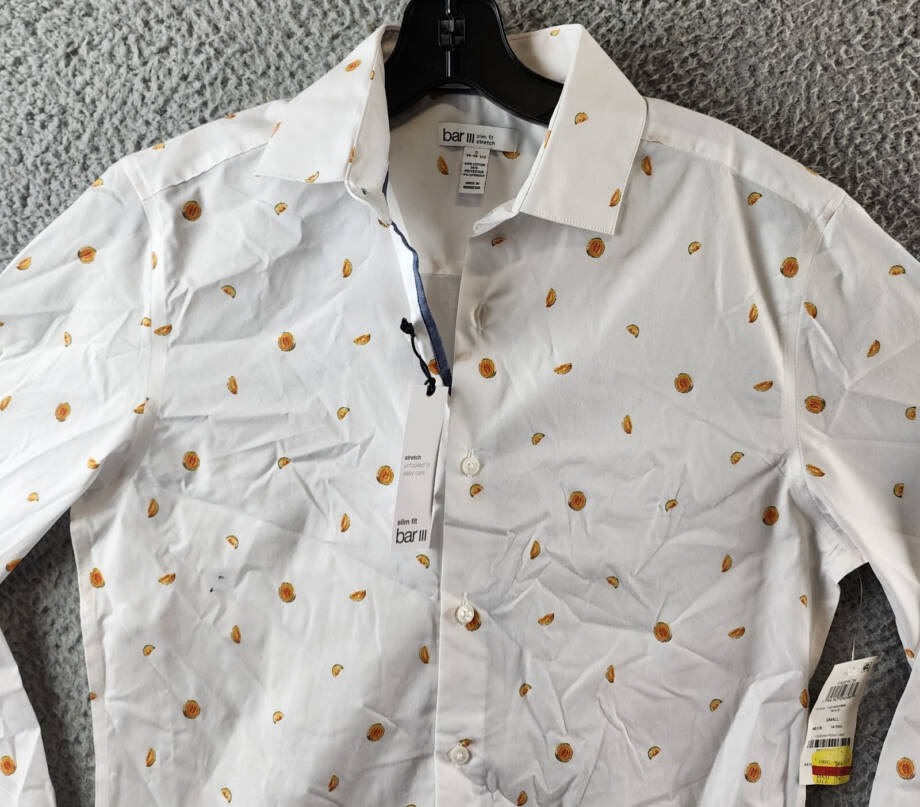 Bar III Slim-Fit Melon-Print Dress Shirt Men's S (14-14.5) White/Yellow Collared