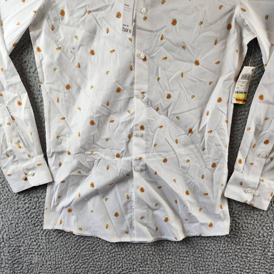 Bar III Slim-Fit Melon-Print Dress Shirt Men's S (14-14.5) White/Yellow Collared