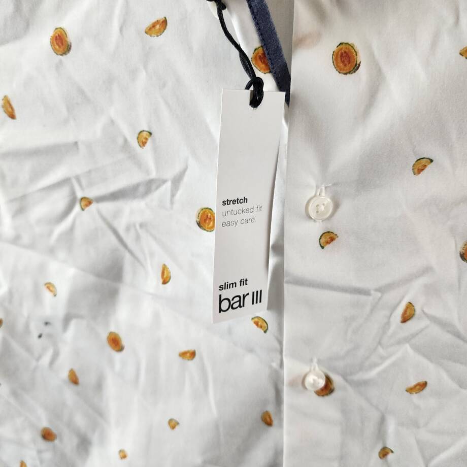 Bar III Slim-Fit Melon-Print Dress Shirt Men's S (14-14.5) White/Yellow Collared