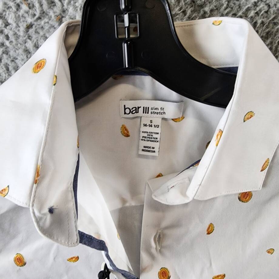 Bar III Slim-Fit Melon-Print Dress Shirt Men's S (14-14.5) White/Yellow Collared
