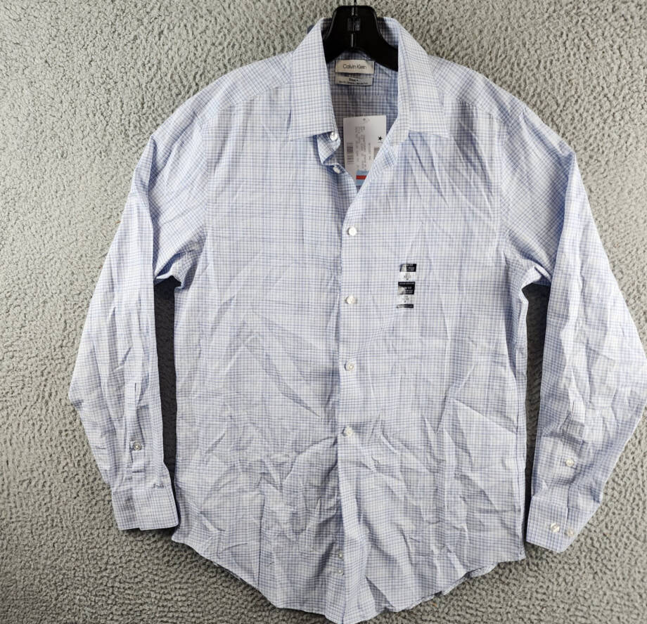 Calvin Klein Steel + Slim Fit Check Dress Shirt Men's M 32/33 15.5 Light Blue