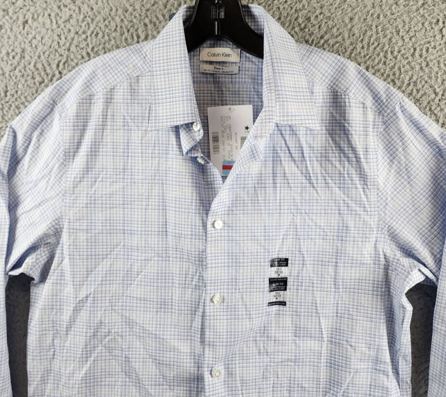 Calvin Klein Steel + Slim Fit Check Dress Shirt Men's M 32/33 15.5 Light Blue