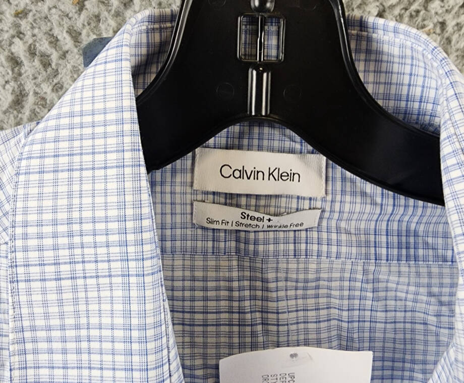 Calvin Klein Steel + Slim Fit Check Dress Shirt Men's M 32/33 15.5 Light Blue