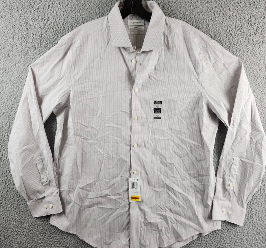 Calvin Klein Steel + Slim Fit Dress Shirt Men's XL 34/35 17 Pink Multi Collared