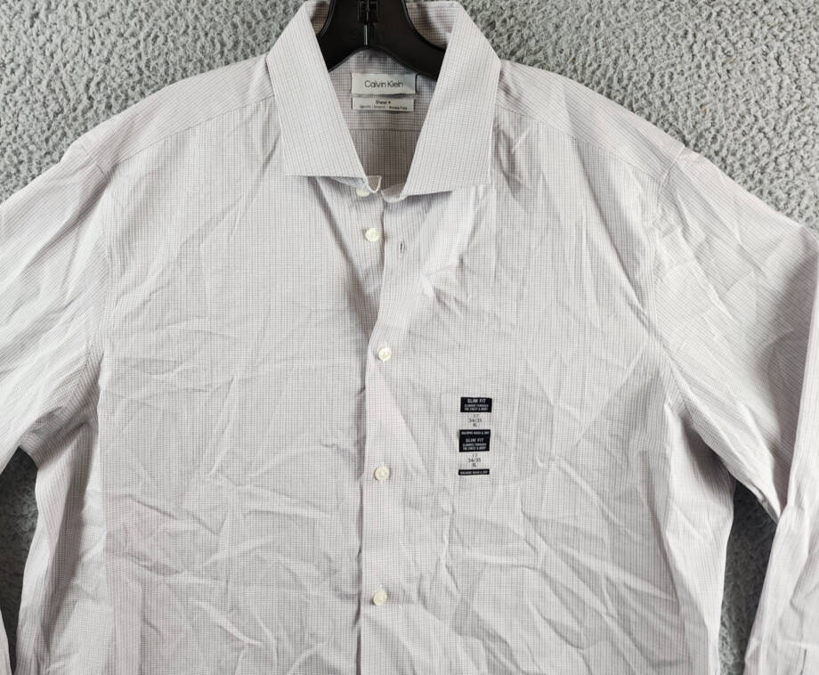 Calvin Klein Steel + Slim Fit Dress Shirt Men's XL 34/35 17 Pink Multi Collared