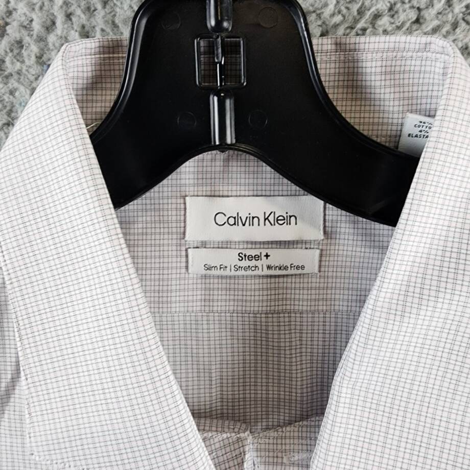 Calvin Klein Steel + Slim Fit Dress Shirt Men's XL 34/35 17 Pink Multi Collared