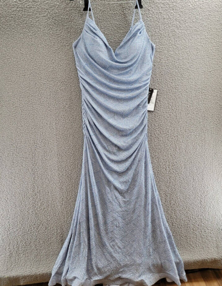 B Darlin Trendy Plus Size Glitter-Knit Ruched Gown 22W Light Blue Zip Closure