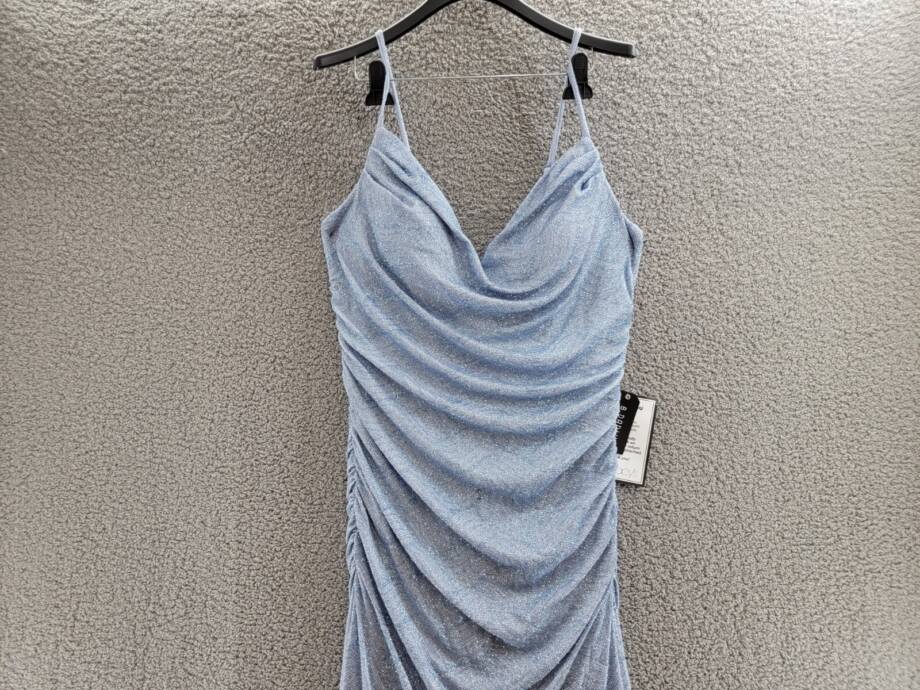 B Darlin Trendy Plus Size Glitter-Knit Ruched Gown 22W Light Blue Zip Closure