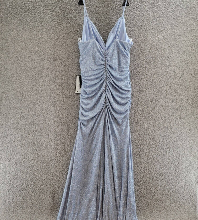 B Darlin Trendy Plus Size Glitter-Knit Ruched Gown 22W Light Blue Zip Closure