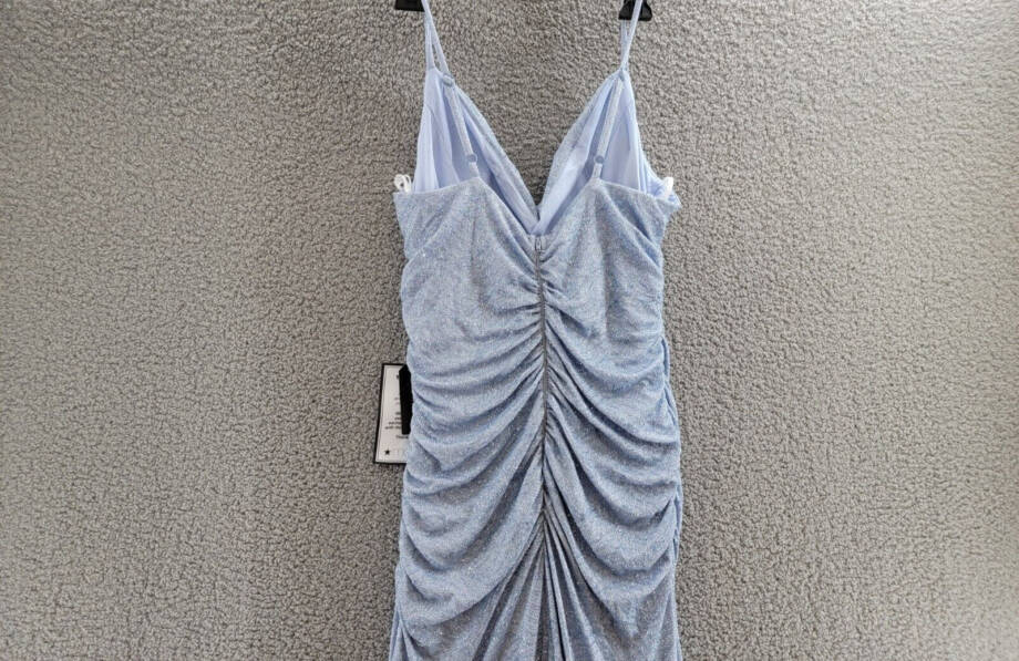 B Darlin Trendy Plus Size Glitter-Knit Ruched Gown 22W Light Blue Zip Closure