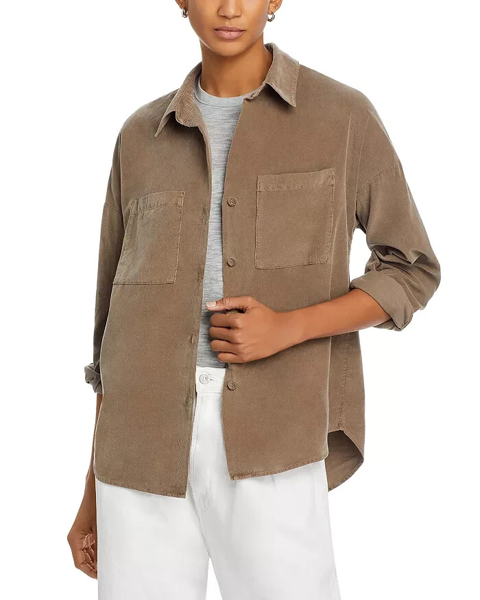 Monrow Mini Corduroy Patch Pocket Shirt Women's XS Brown Collared Long Sleeve