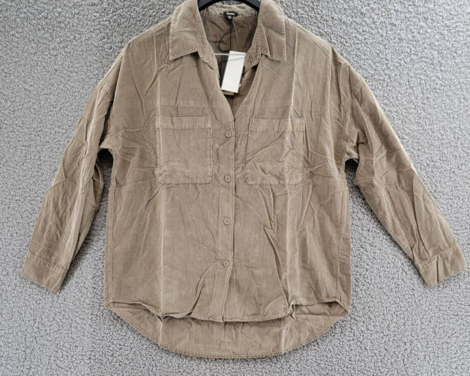Monrow Mini Corduroy Patch Pocket Shirt Women's XS Brown Collared Long Sleeve