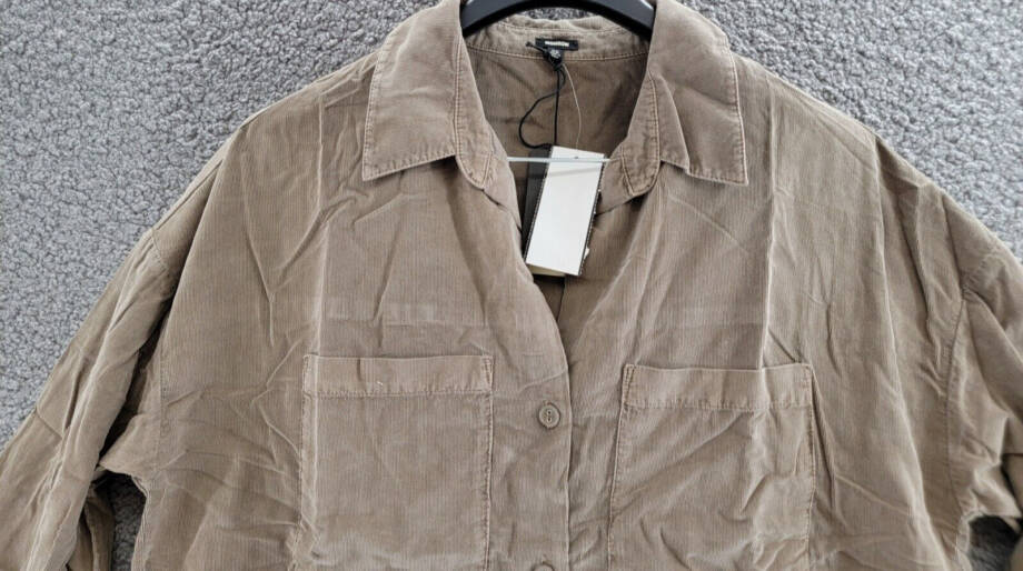 Monrow Mini Corduroy Patch Pocket Shirt Women's XS Brown Collared Long Sleeve