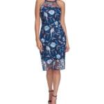 GUESS Embroidered-Floral Mesh Sheath Dress Women's 4 Multi Round Neck Back Zip
