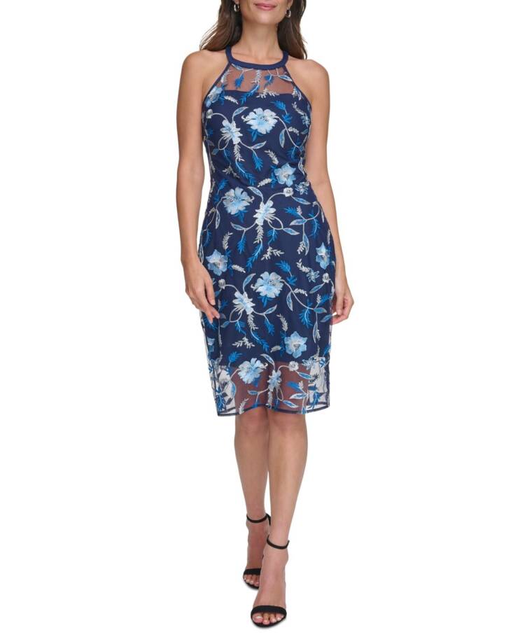 GUESS Embroidered-Floral Mesh Sheath Dress Women's 4 Multi Round Neck Back Zip