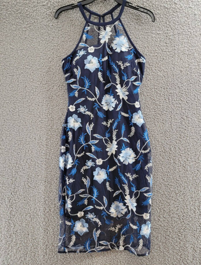 GUESS Embroidered-Floral Mesh Sheath Dress Women's 4 Multi Round Neck Back Zip