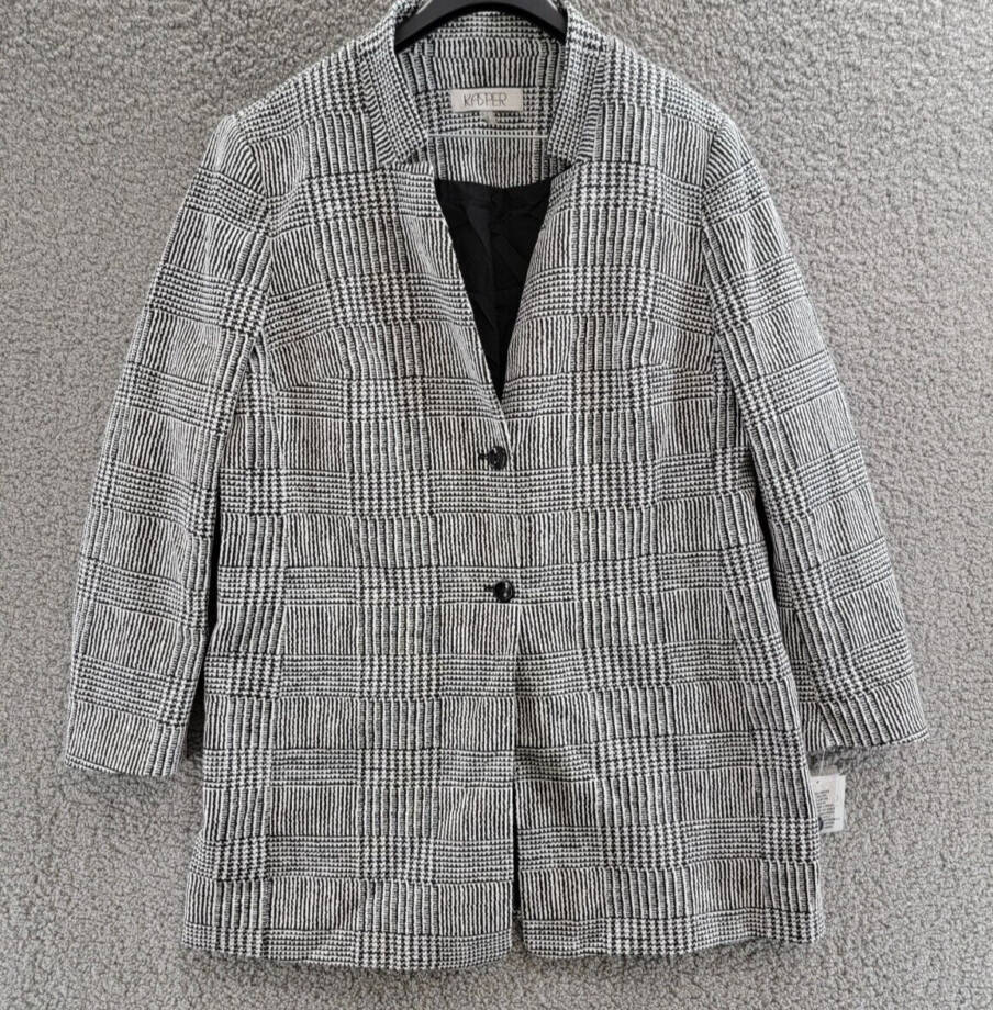 Kasper Double Button Front Longer Length Plaid Jacket Women's 16 Black/Vanilla