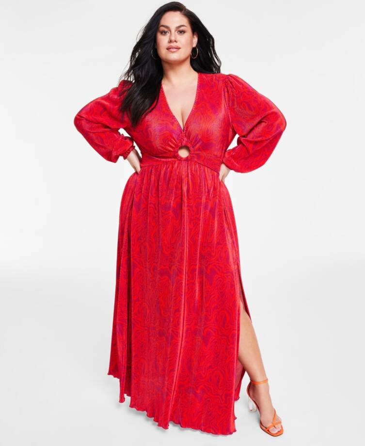 Nina Parker Plus Size Keyhole Printed Pleated Maxi Dress Women's 3X Orange/Pink