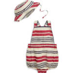 Ralph Lauren Stripe Linen Bubble Shortall & Hat Set Little Boys 9M/12M Red Multi