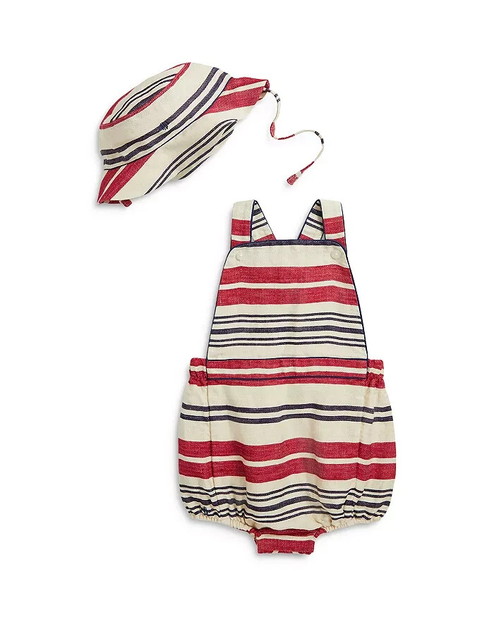 Ralph Lauren Stripe Linen Bubble Shortall & Hat Set Little Boys 9M/12M Red Multi
