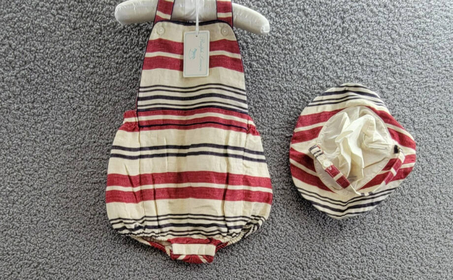 Ralph Lauren Stripe Linen Bubble Shortall & Hat Set Little Boys 9M/12M Red Multi