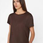 FRAME Easy True Raw-Edge Linen Tee Women's XS Espresso Crew Neck Short Sleeve