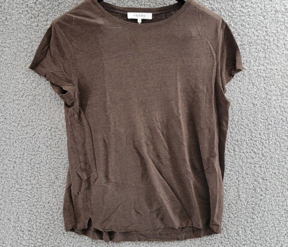 FRAME Easy True Raw-Edge Linen Tee Women's XS Espresso Crew Neck Short Sleeve