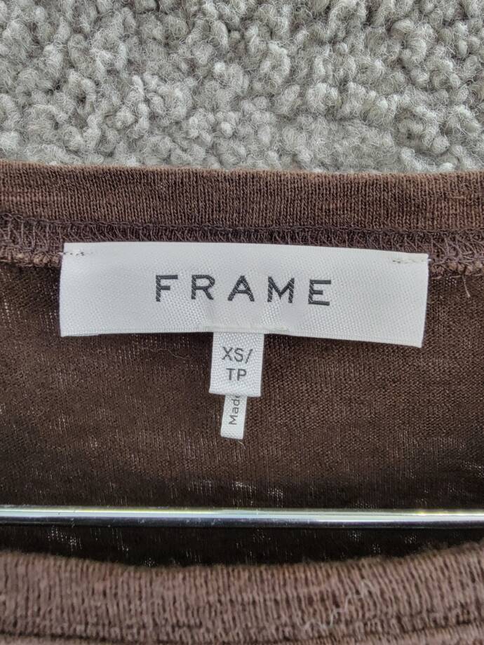 FRAME Easy True Raw-Edge Linen Tee Women's XS Espresso Crew Neck Short Sleeve