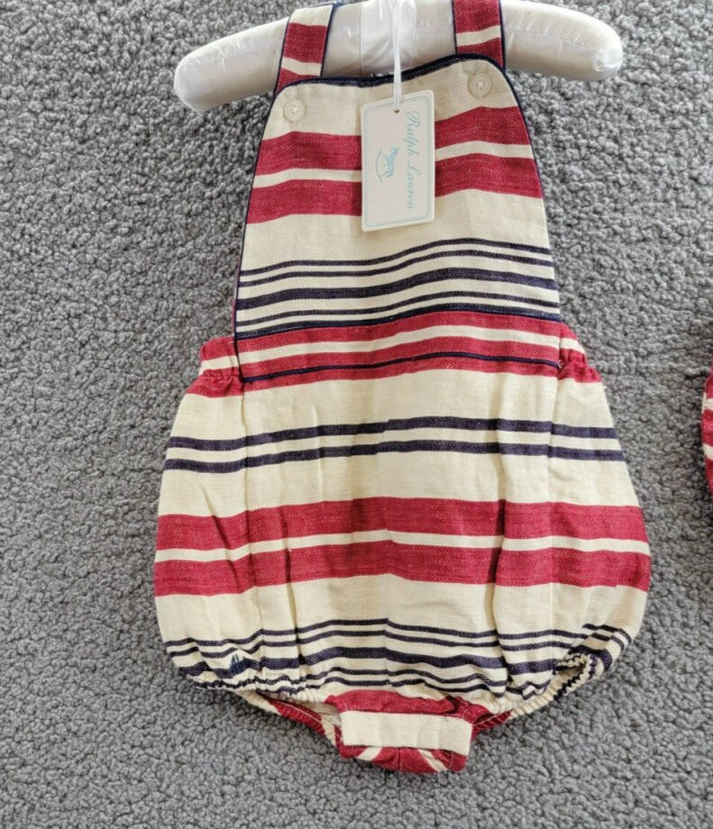 Ralph Lauren Stripe Linen Bubble Shortall & Hat Set Little Boys 9M/12M Red Multi
