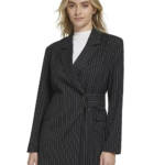 Calvin Klein Pinstripe Belted Jacket Women's 6 Black/White Button Front L/S