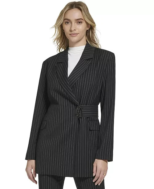 Calvin Klein Pinstripe Belted Jacket Women's 6 Black/White Button Front L/S