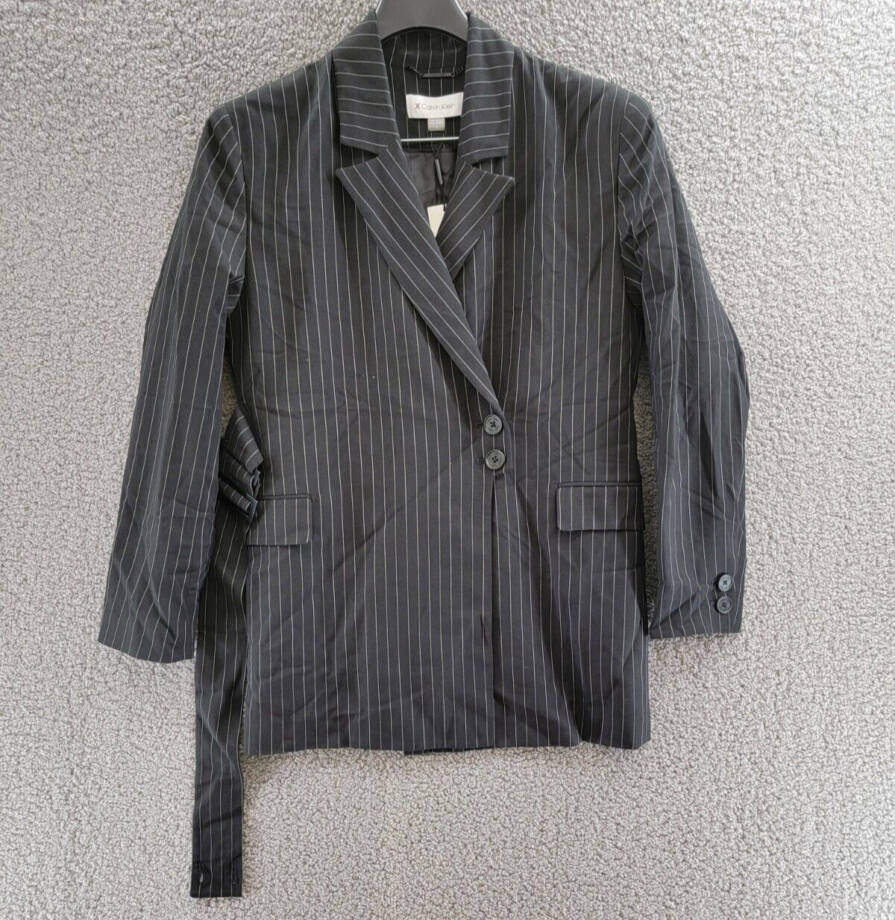 Calvin Klein Pinstripe Belted Jacket Women's 6 Black/White Button Front L/S
