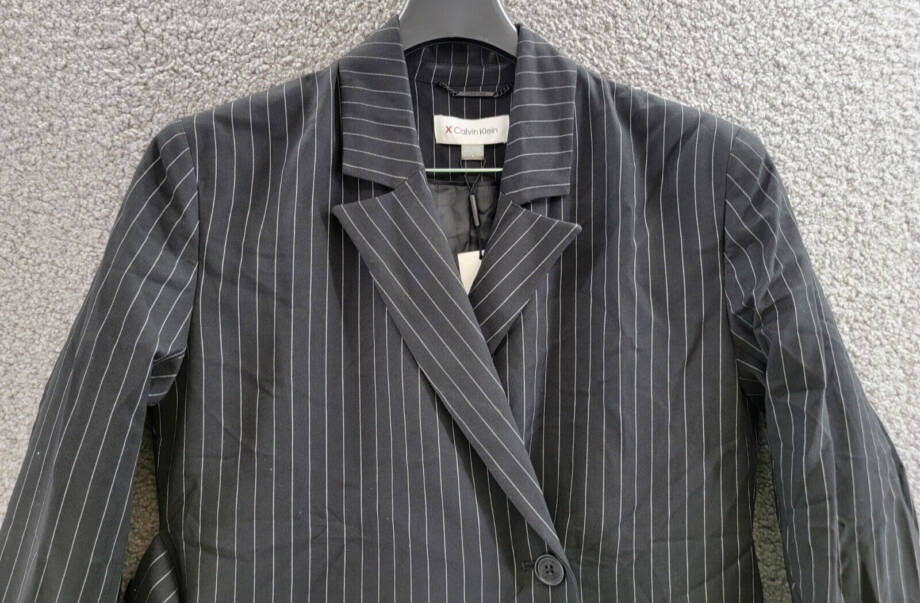 Calvin Klein Pinstripe Belted Jacket Women's 6 Black/White Button Front L/S