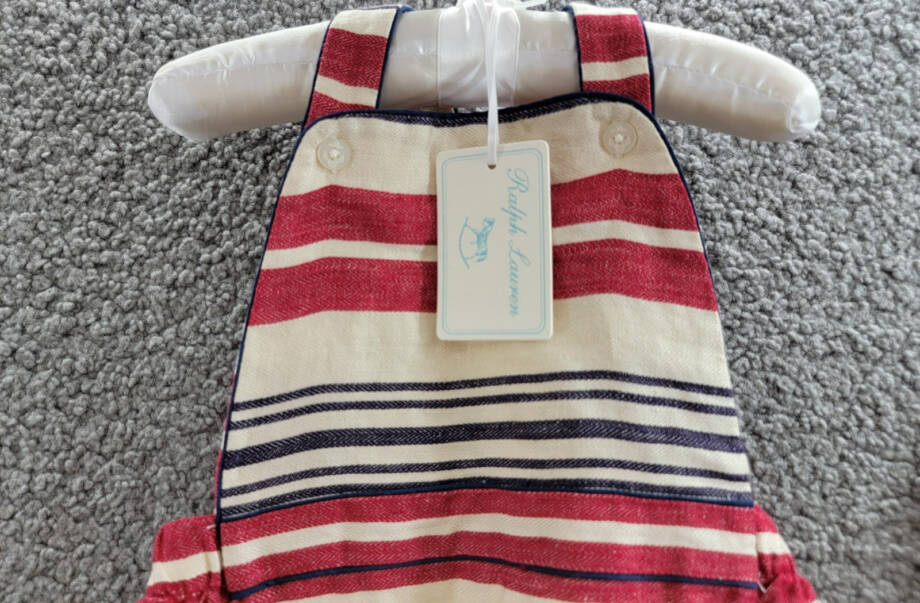 Ralph Lauren Stripe Linen Bubble Shortall & Hat Set Little Boys 9M/12M Red Multi