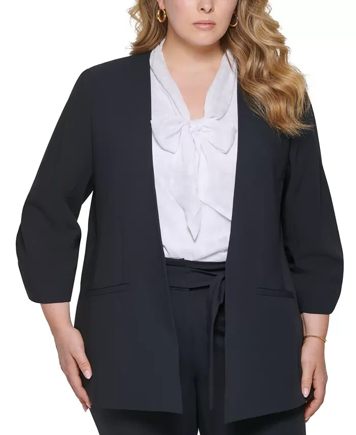 Calvin Klein Plus Size Collarless 3/4-Sleeve Jacket Women's 18W Navy Open Front