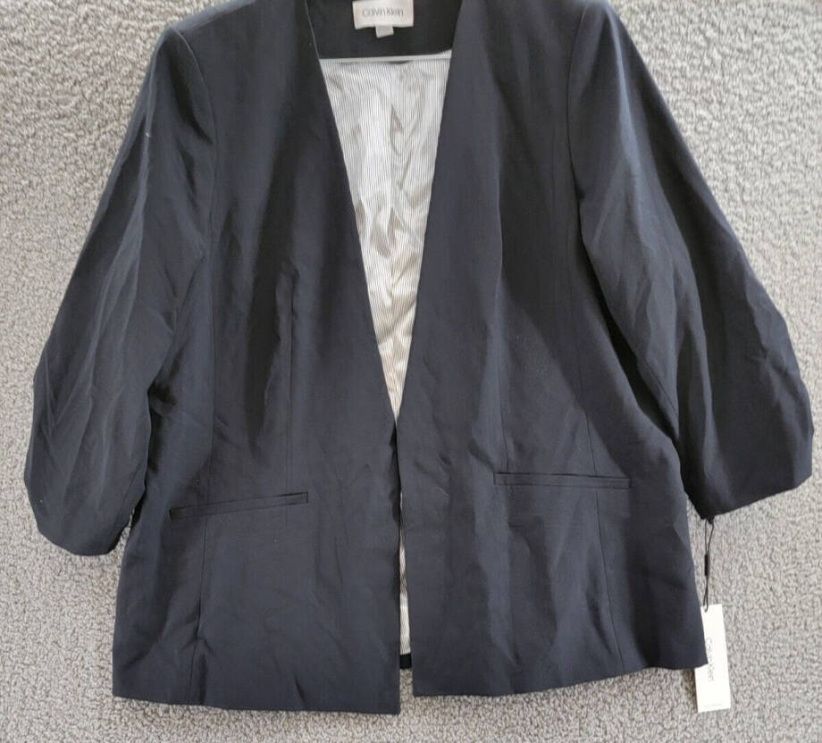 Calvin Klein Plus Size Collarless 3/4-Sleeve Jacket Women's 18W Navy Open Front
