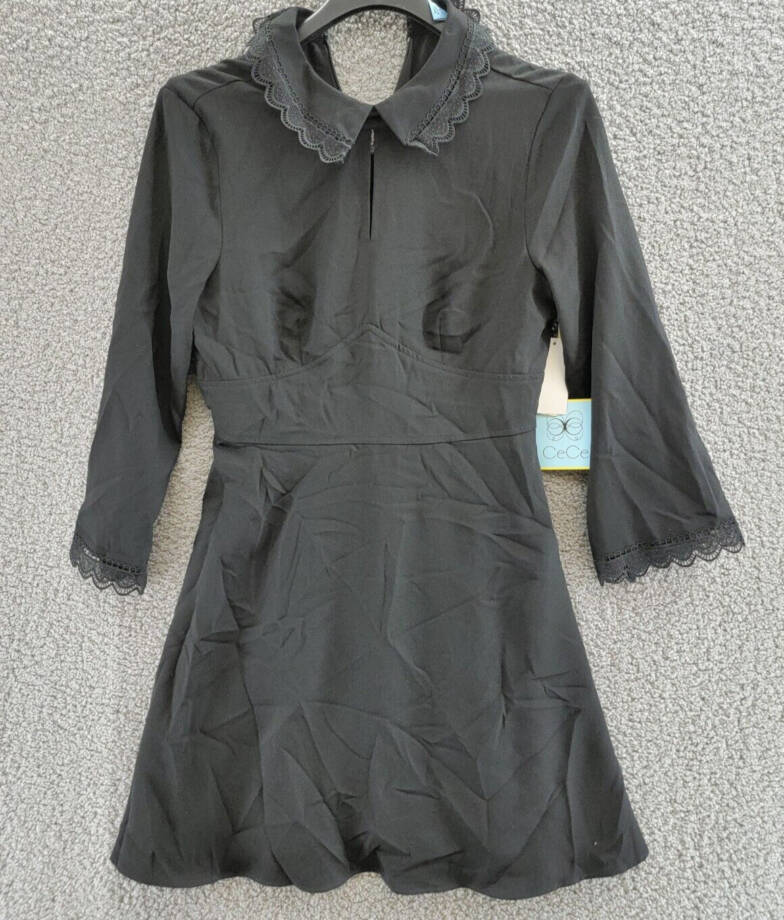 CeCe Collared Scallop Embroidered Dress Women's 6 Black 3/4 Sleeve Back Zip