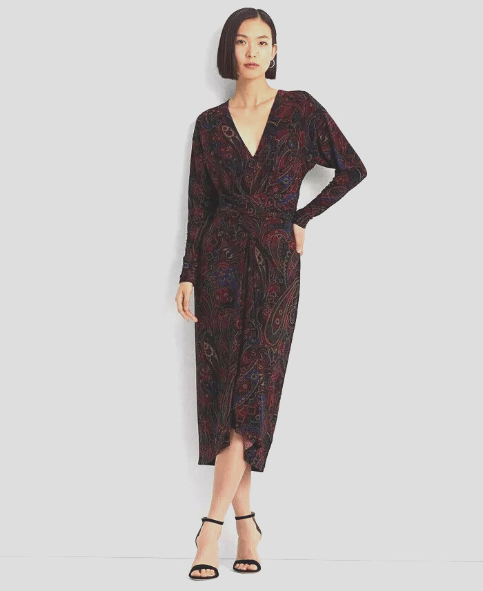Lauren Ralph Lauren Checked Paisley Twist-Front Jersey Dress Women's 4 Multi L/S