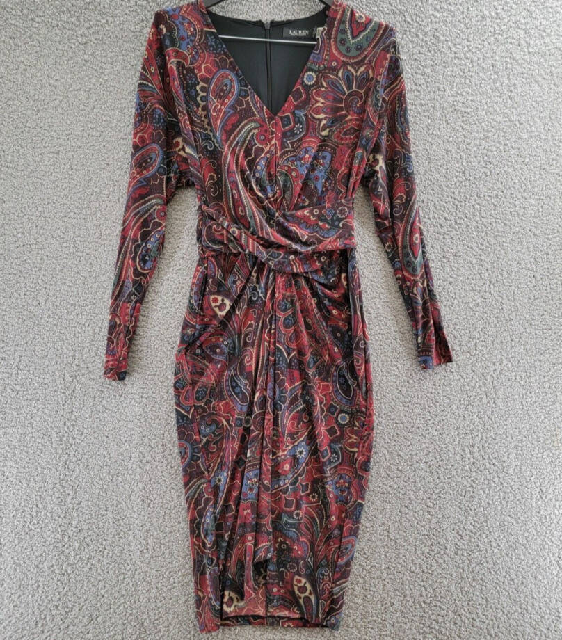 Lauren Ralph Lauren Checked Paisley Twist-Front Jersey Dress Women's 4 Multi L/S