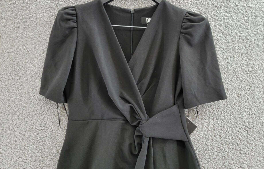 DKNY Petite Side-Knot Short-Sleeve Sheath Dress Womens 8P Black Back Zip Closure