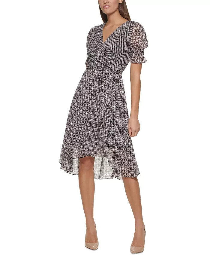 Tommy Hilfiger Printed Chiffon Midi Dress Women's 14 Black/Ballerina Pink S/S