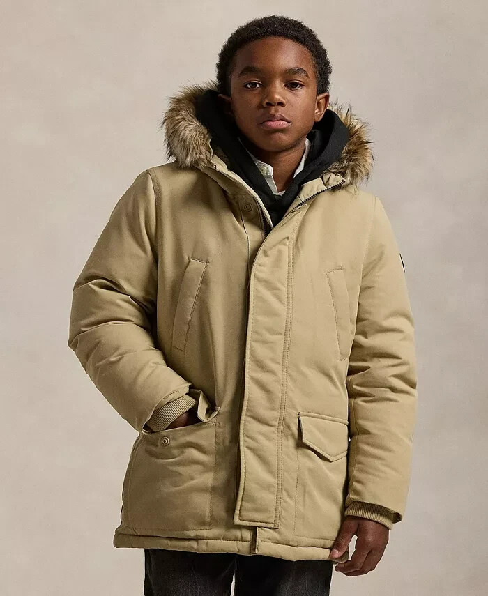 Polo Ralph Lauren Artificial-fur-Trim Down Parka Jacket Big Boys M (10-12) Khaki