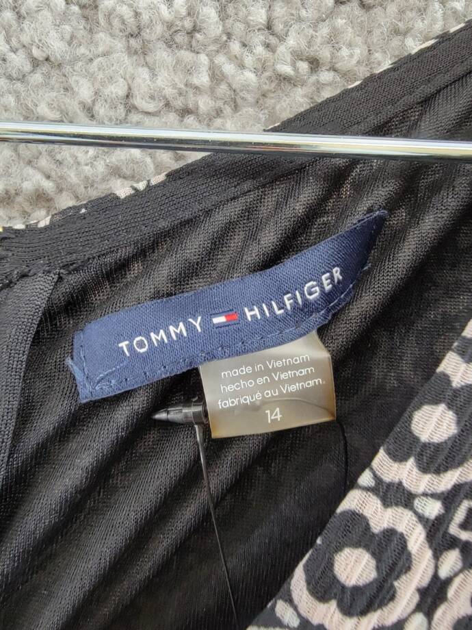 Tommy Hilfiger Printed Chiffon Midi Dress Women's 14 Black/Ballerina Pink S/S