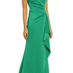 Eliza J Sleeveless Side Tuck Ruffle Gown Women's 10 Green Boat Neck Back Zip