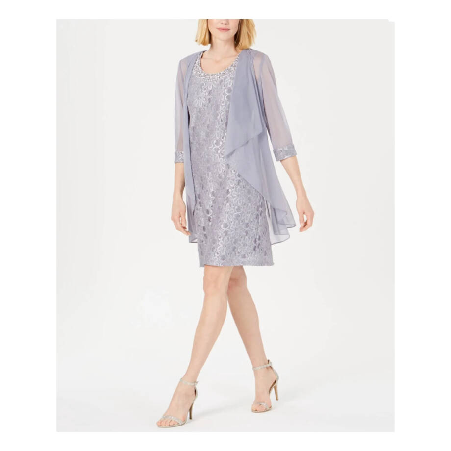 R&M Richards Sheer Lace Glitter Cuff Evening Dress & Jacket Women's 10 Silver