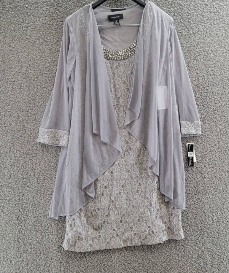 R&M Richards Sheer Lace Glitter Cuff Evening Dress & Jacket Women's 10 Silver