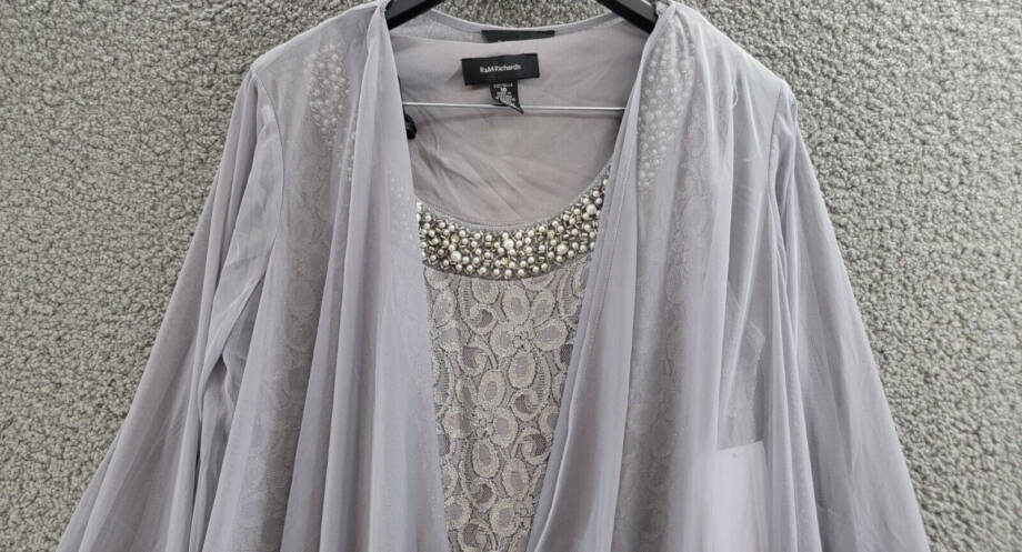 R&M Richards Sheer Lace Glitter Cuff Evening Dress & Jacket Women's 10 Silver