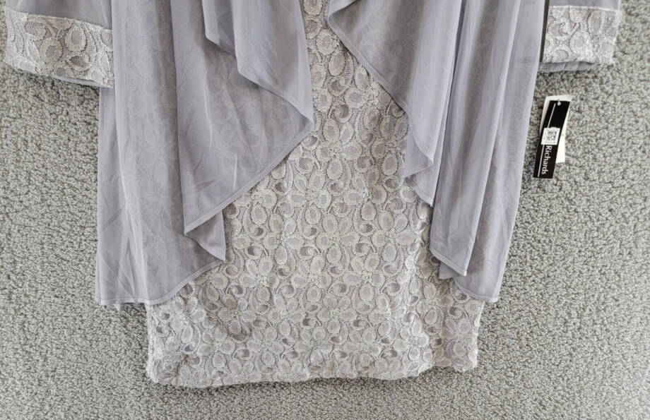 R&M Richards Sheer Lace Glitter Cuff Evening Dress & Jacket Women's 10 Silver