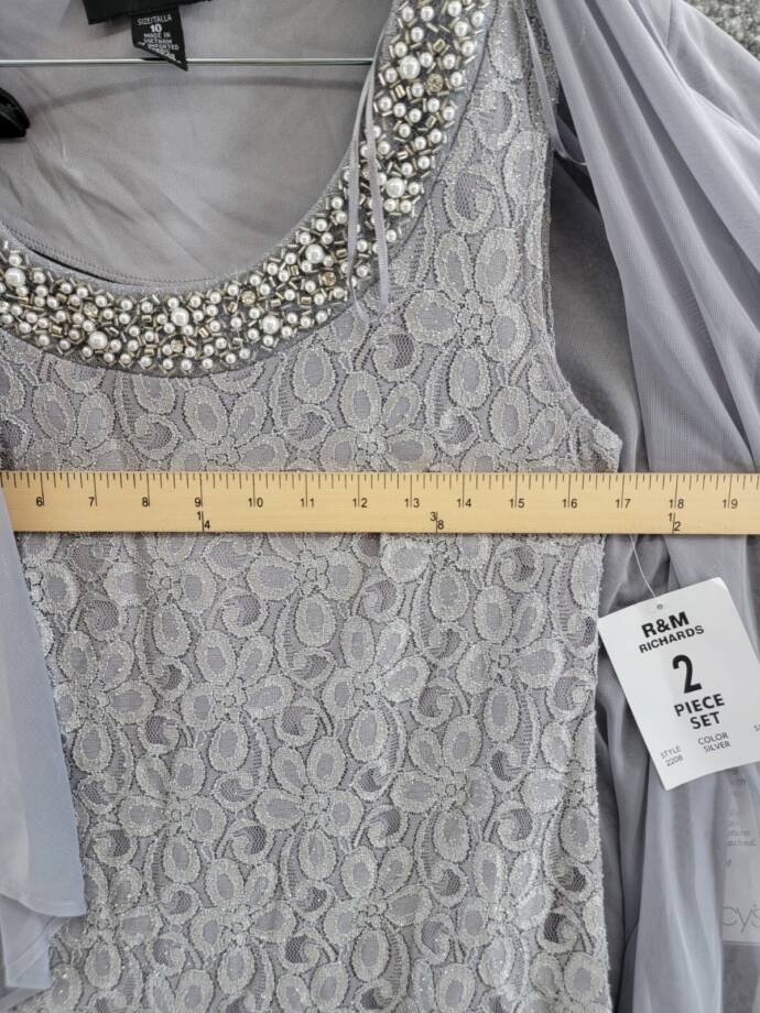 R&M Richards Sheer Lace Glitter Cuff Evening Dress & Jacket Women's 10 Silver